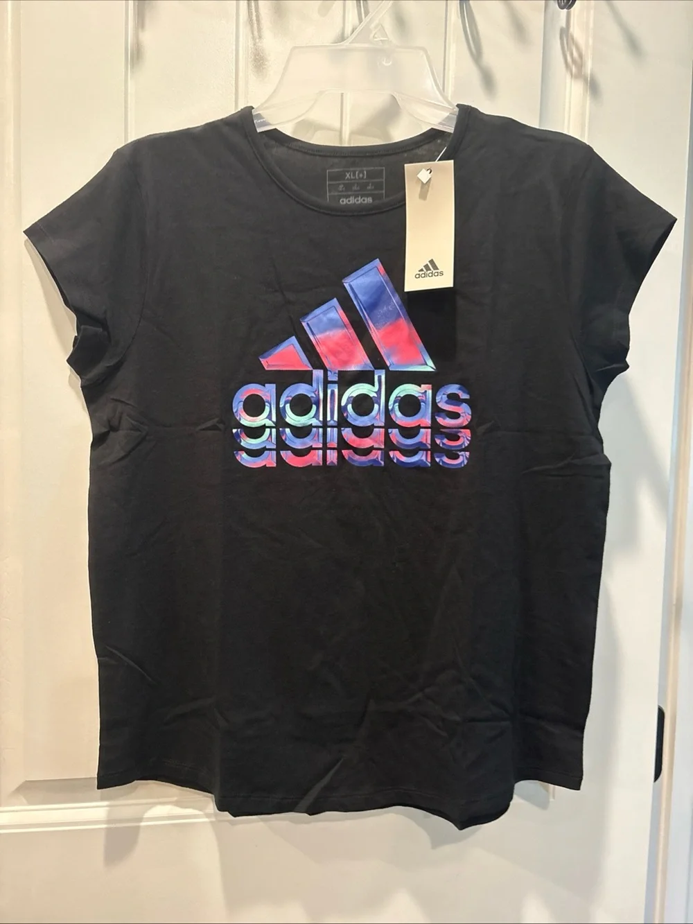adidas big Kids size 16(XL) Black Logo Tee with Holographic Accent NWT
